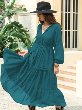 Plain Ruffle Hem Long Sleeve V Neck Flounce High Waist Long Womens Dress