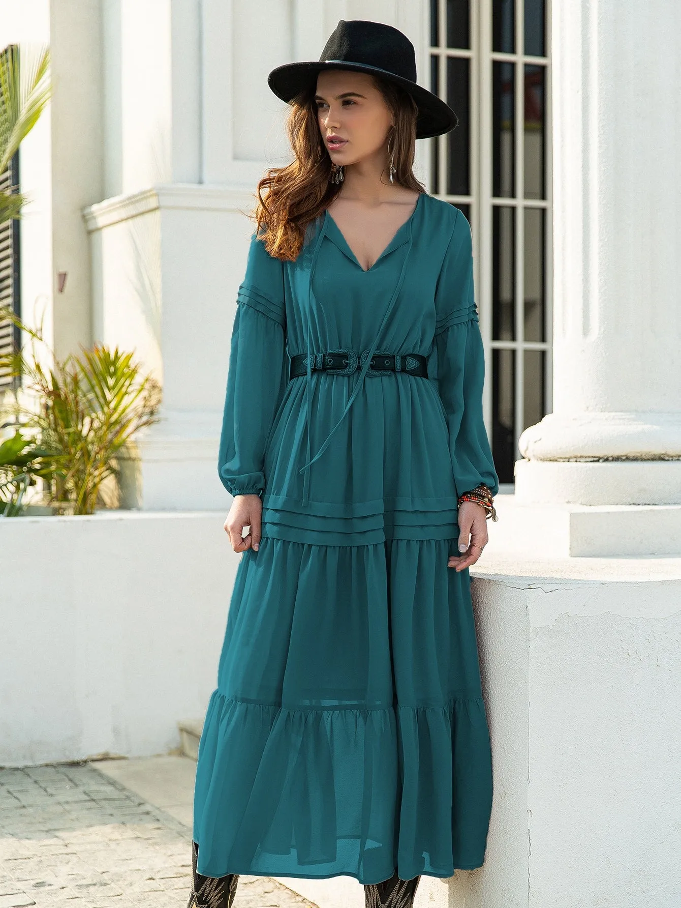 Plain Ruffle Hem Long Sleeve V Neck Flounce High Waist Long Womens Dress