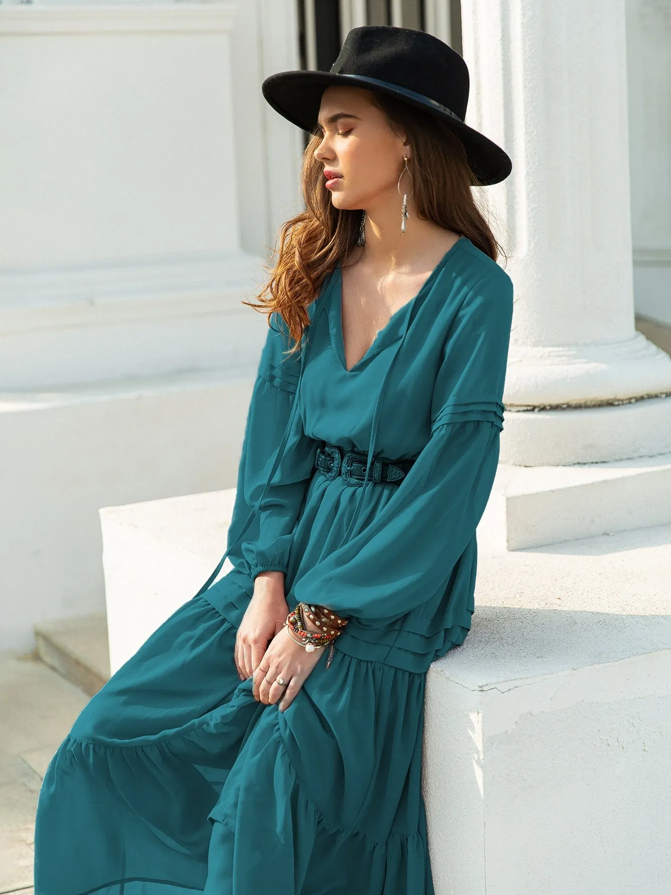 Plain Ruffle Hem Long Sleeve V Neck Flounce High Waist Long Womens Dress