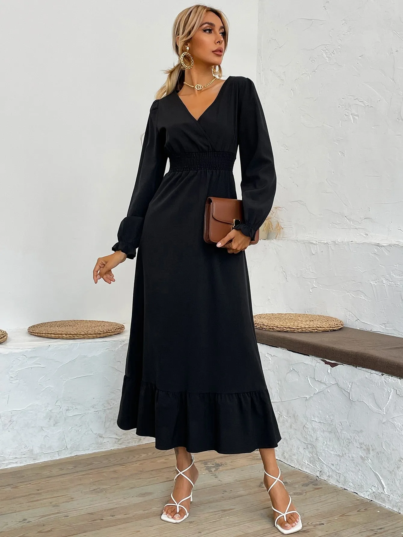 Plain Shirred Long Sleeve V Neck Flounce High Waist Long Dress