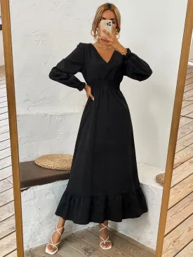 Plain Shirred Long Sleeve V Neck Flounce High Waist Long Dress