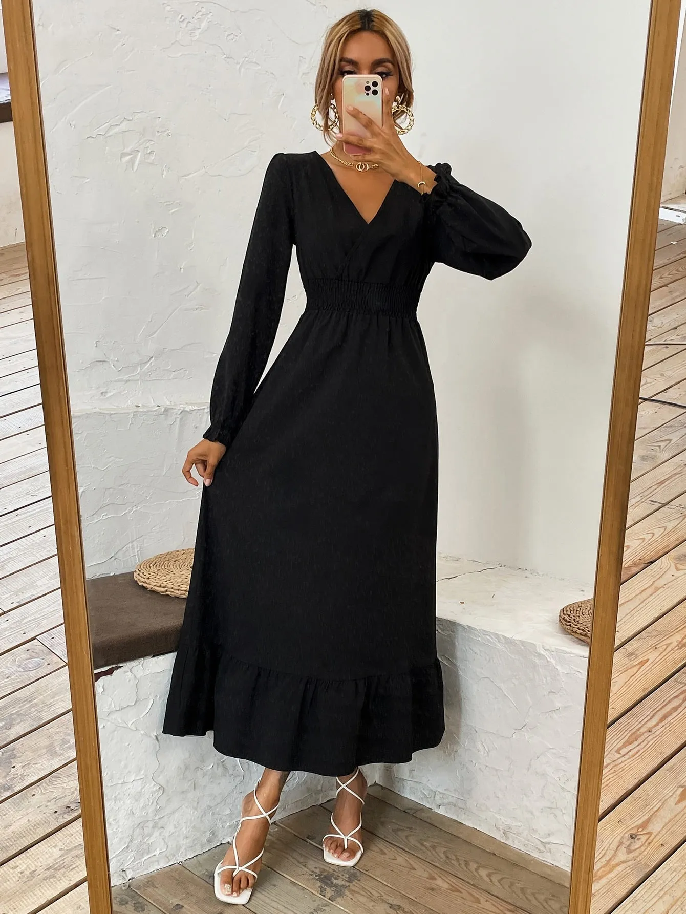 Plain Shirred Long Sleeve V Neck Flounce High Waist Long Dress