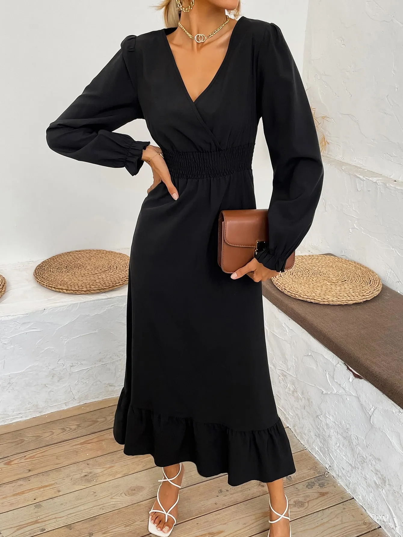 Plain Shirred Long Sleeve V Neck Flounce High Waist Long Dress