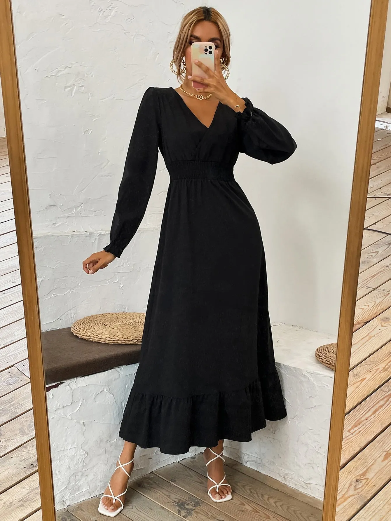 Plain Shirred Long Sleeve V Neck Flounce High Waist Long Dress