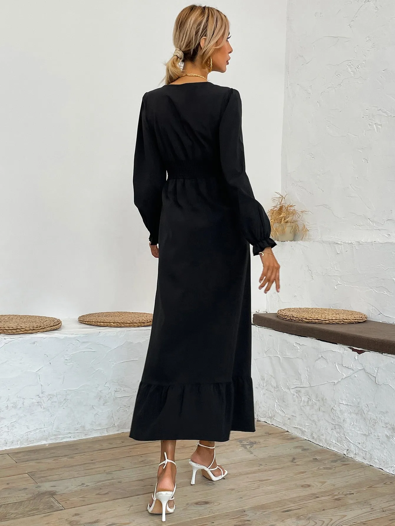 Plain Shirred Long Sleeve V Neck Flounce High Waist Long Dress
