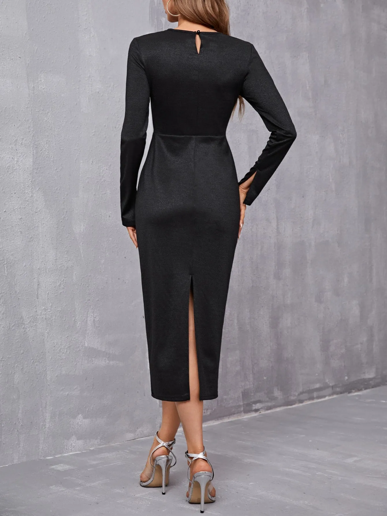 Plain Split Long Sleeve Round Neck Straight High Waist Long Dress