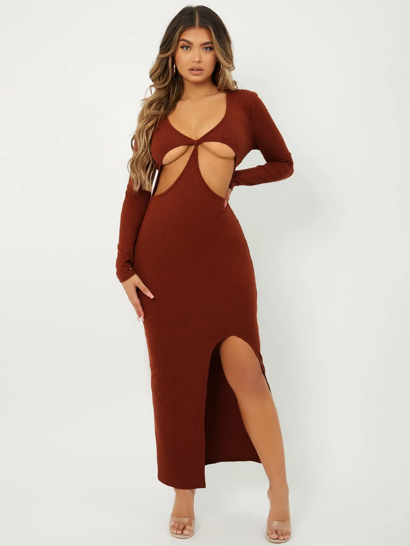 Plain Split Thigh Long Sleeve Scoop Neck Slit Natural Long Womens Dress