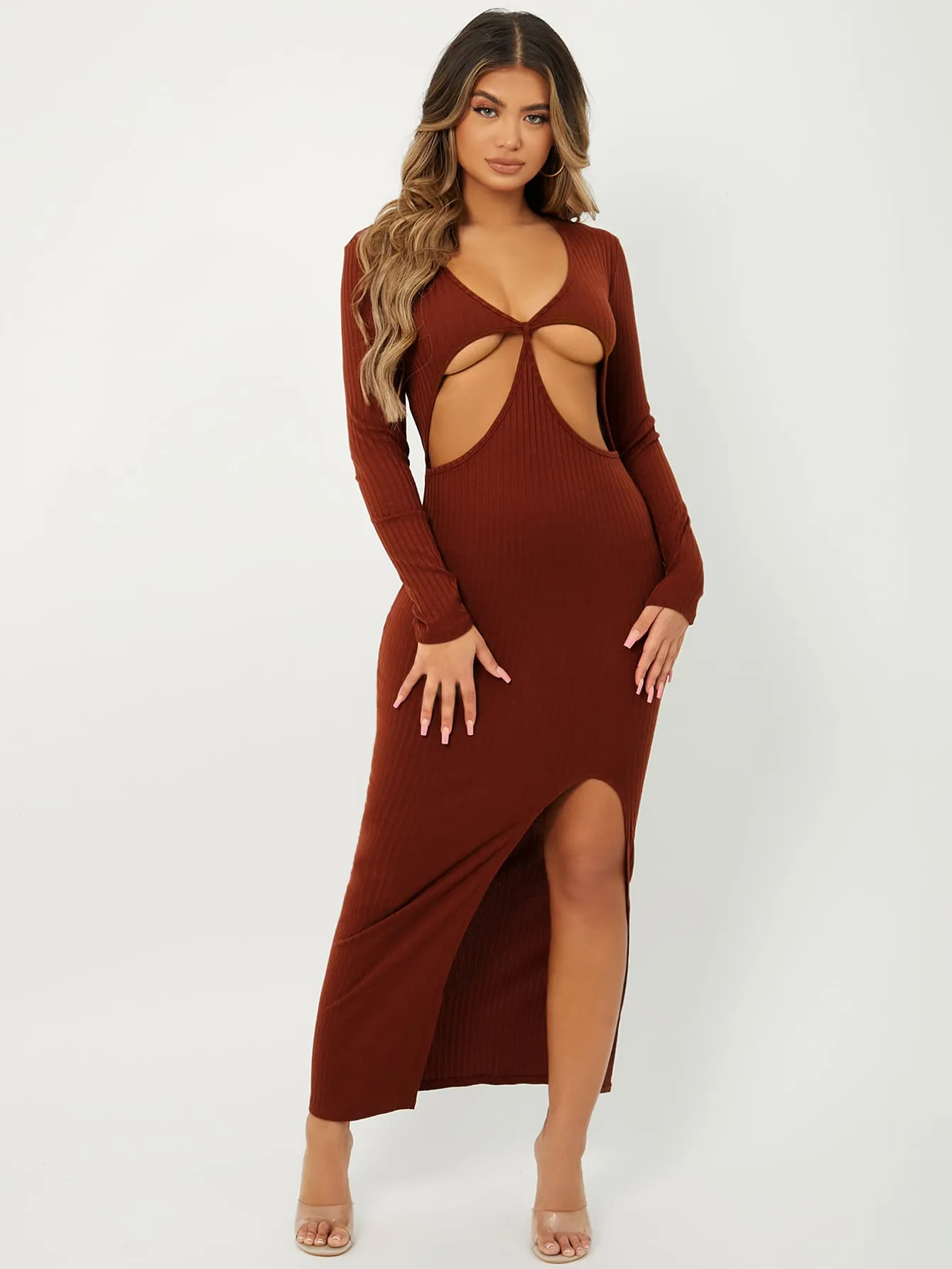 Plain Split Thigh Long Sleeve Scoop Neck Slit Natural Long Womens Dress