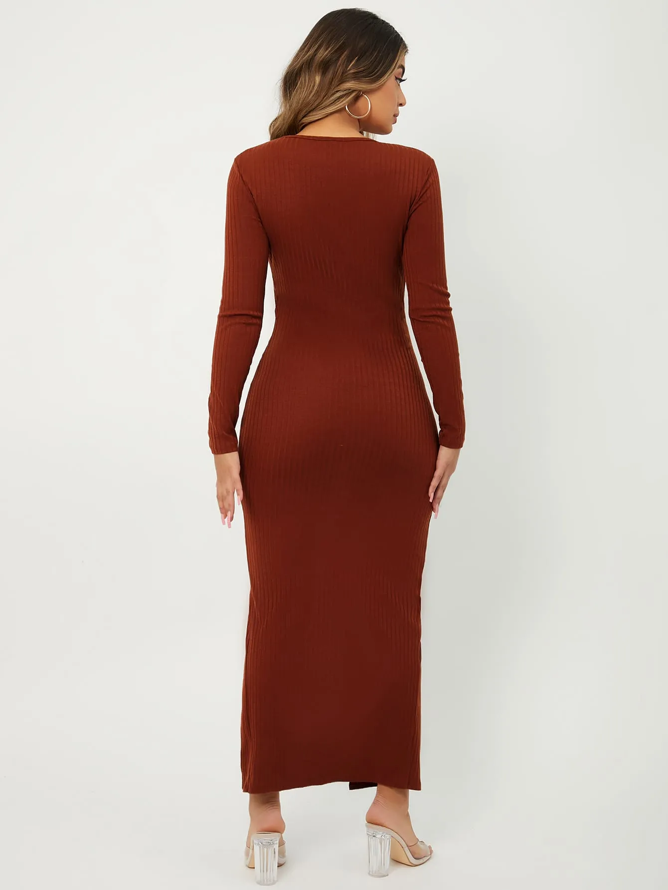 Plain Split Thigh Long Sleeve Scoop Neck Slit Natural Long Womens Dress