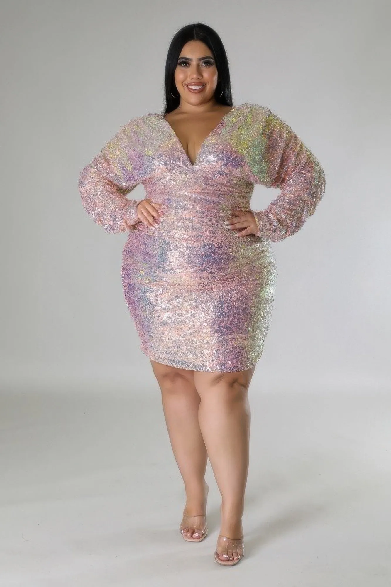 Plus Size Blush Long Sequin Long Sleeve