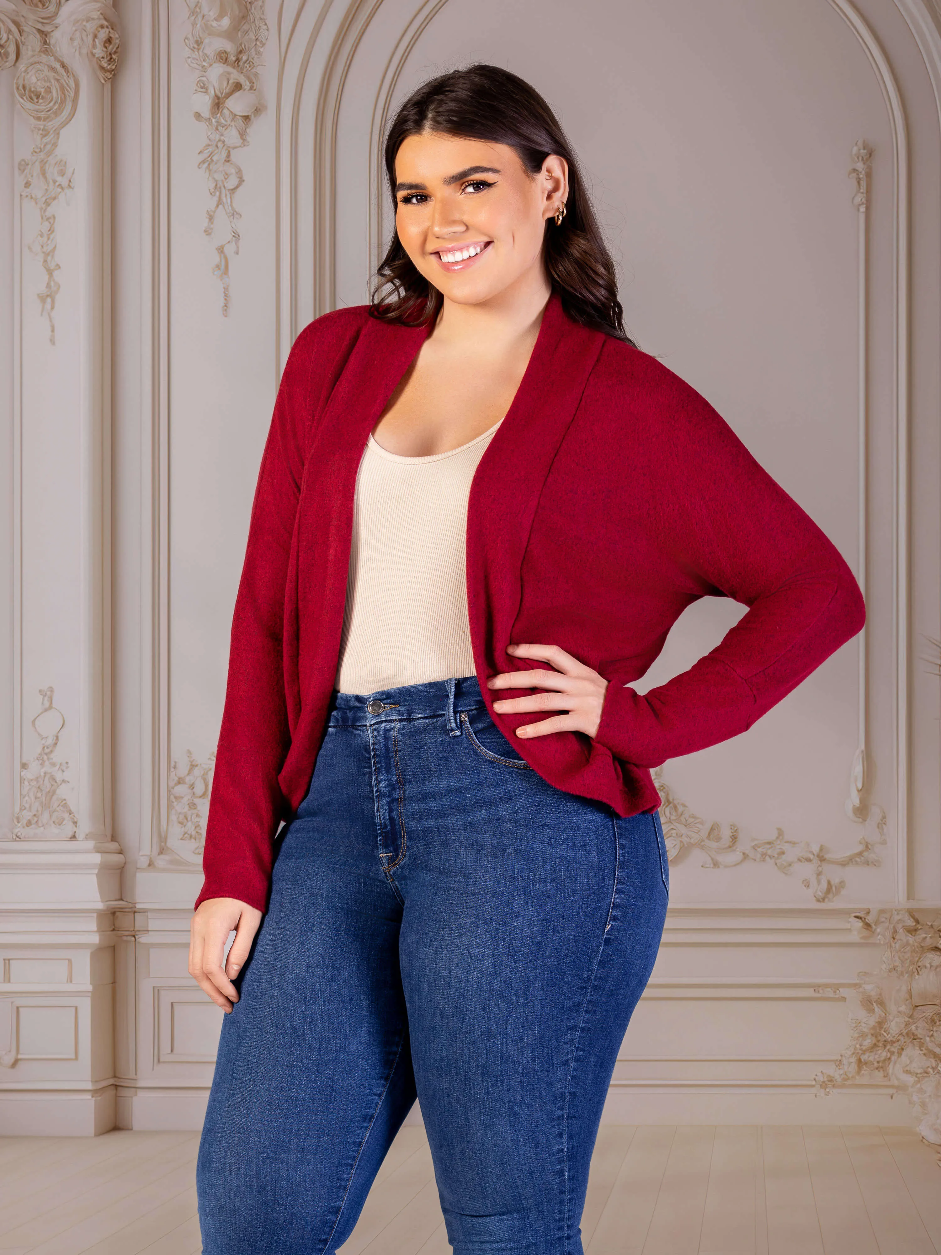 Plus Size Curved Hem Open Front Long Womens Bolero Shrug