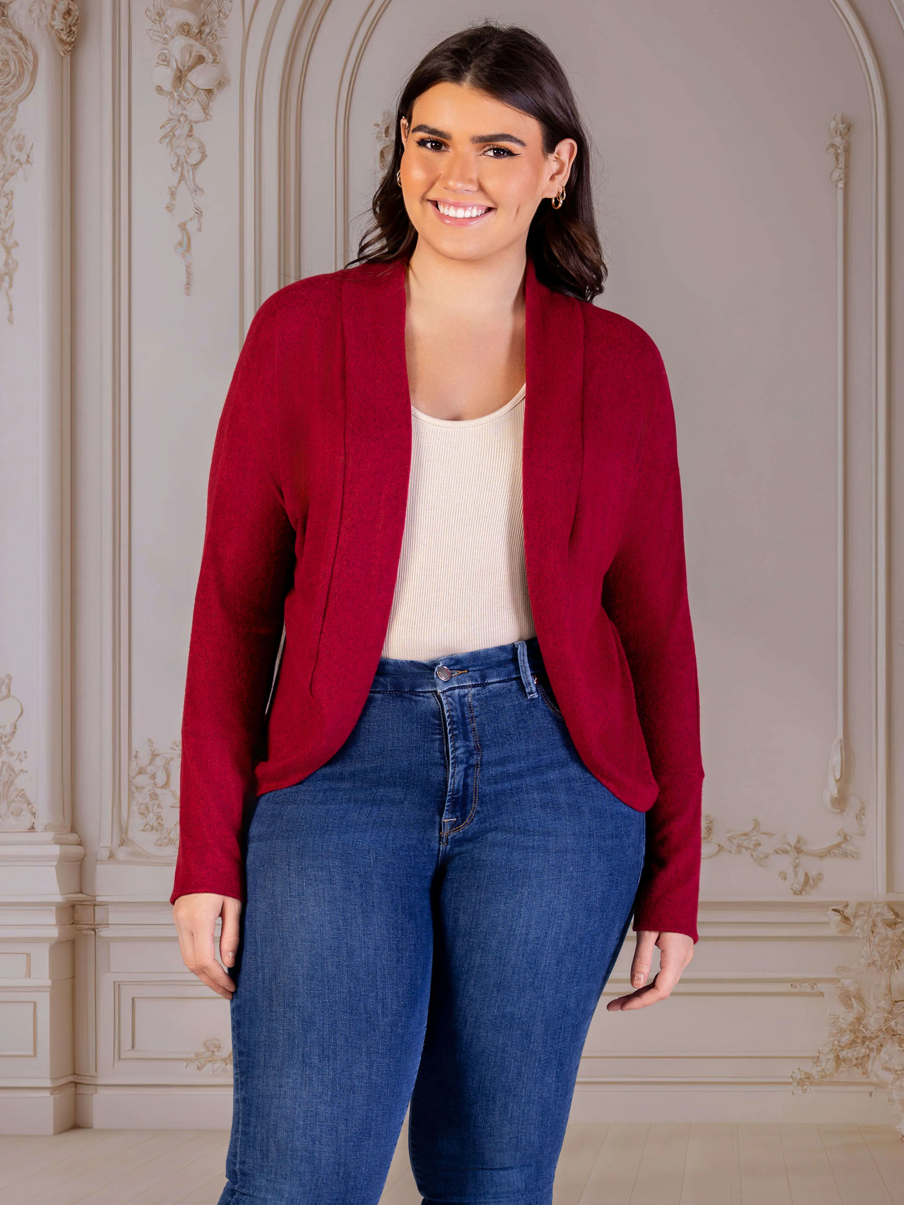 Plus Size Curved Hem Open Front Long Womens Bolero Shrug