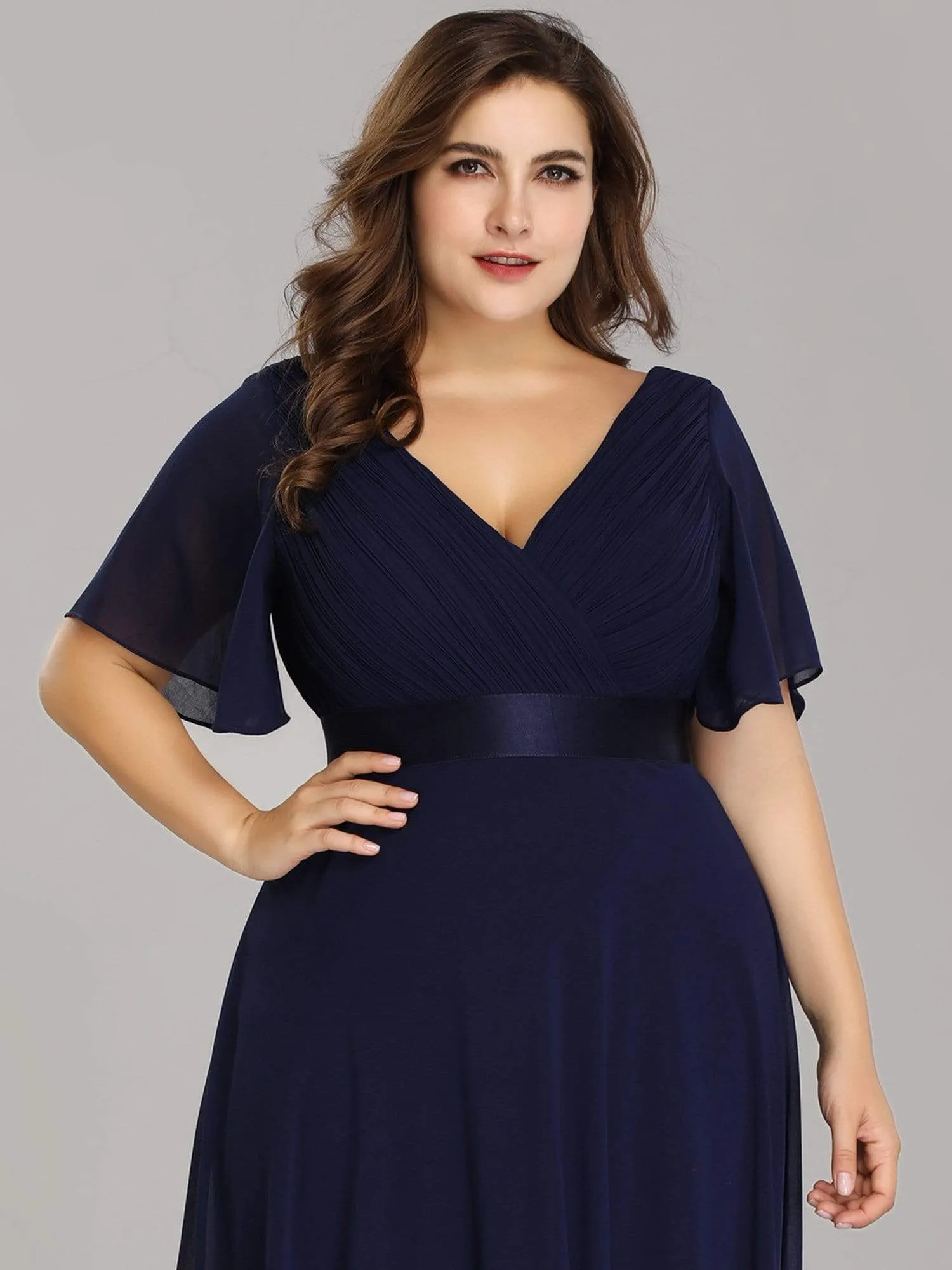 Plus Size Empire Waist Evening Dress with Short Sleeves