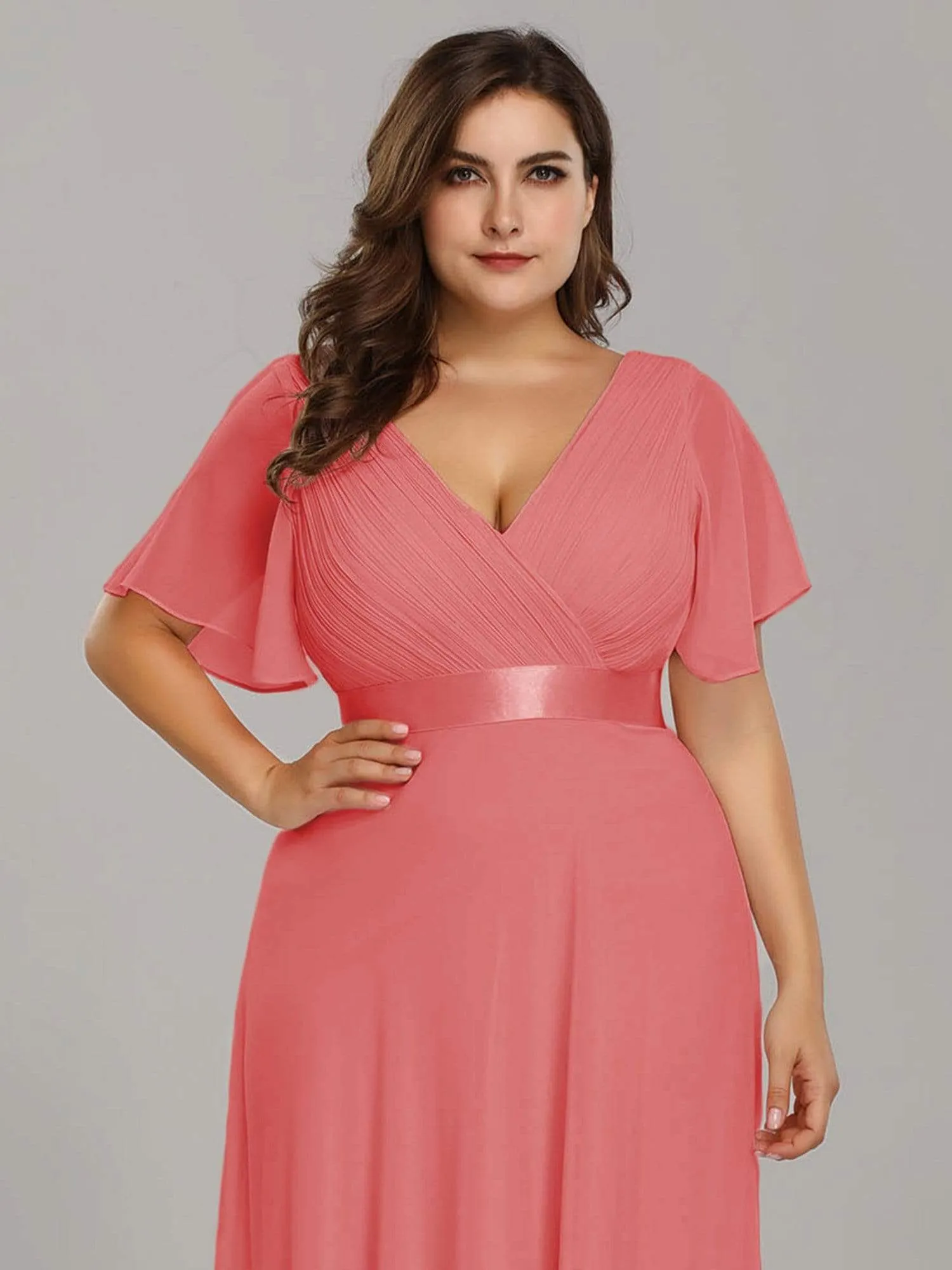 Plus Size Empire Waist Evening Dress with Short Sleeves