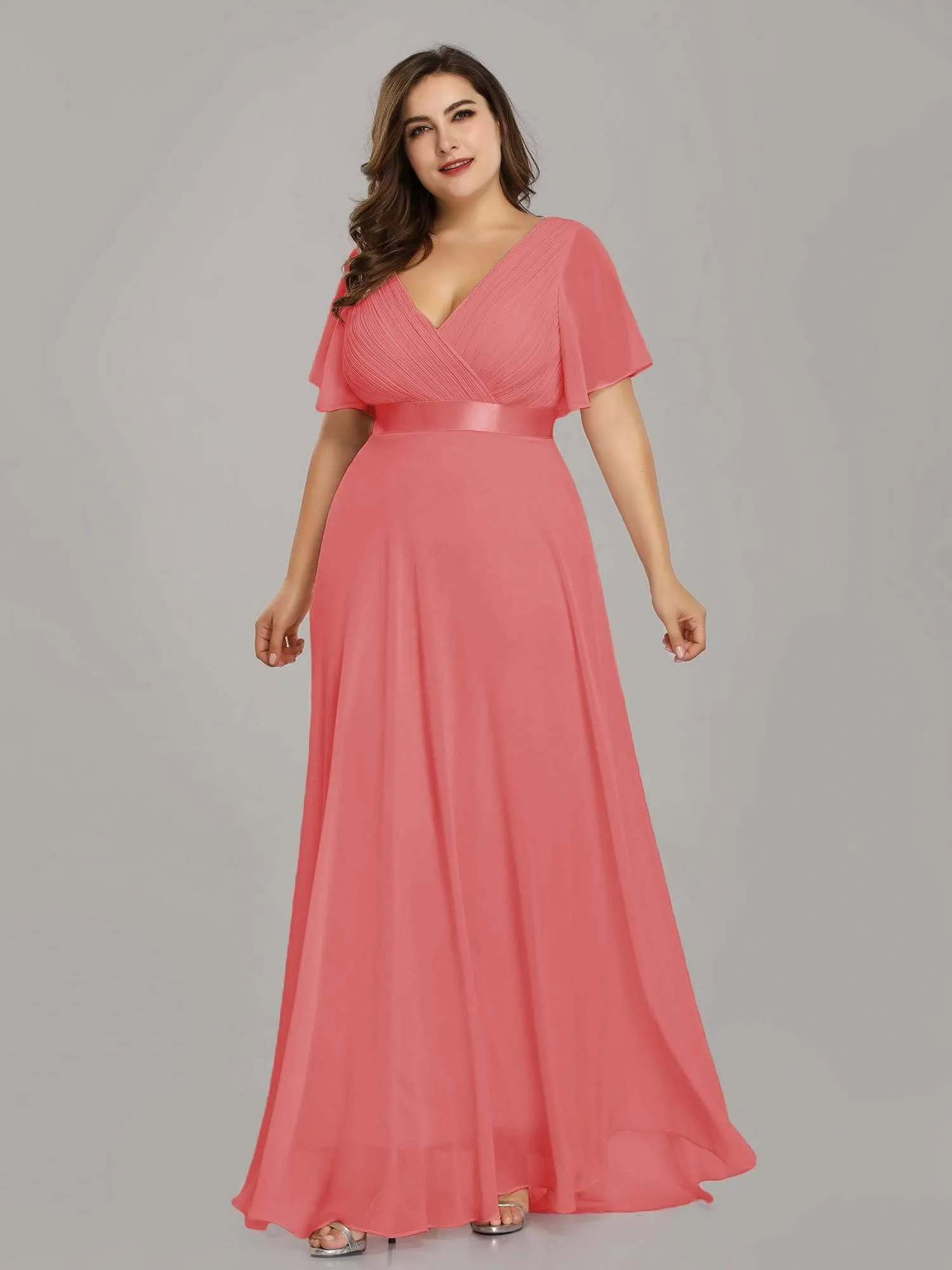 Plus Size Empire Waist Evening Dress with Short Sleeves