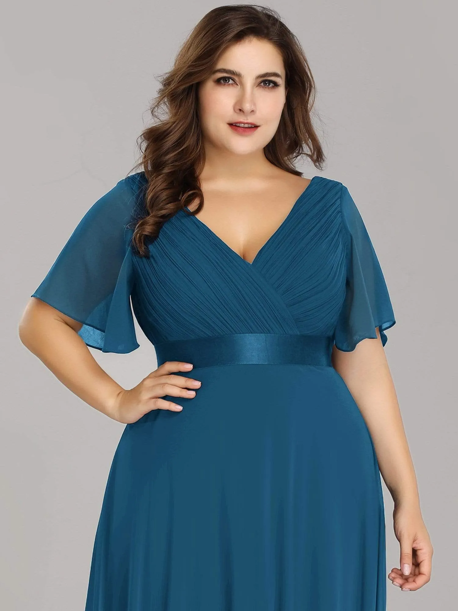 Plus Size Empire Waist Evening Dress with Short Sleeves