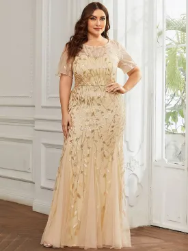 Plus Size Sequin Leaf Long Mermaid Tulle Prom Dress