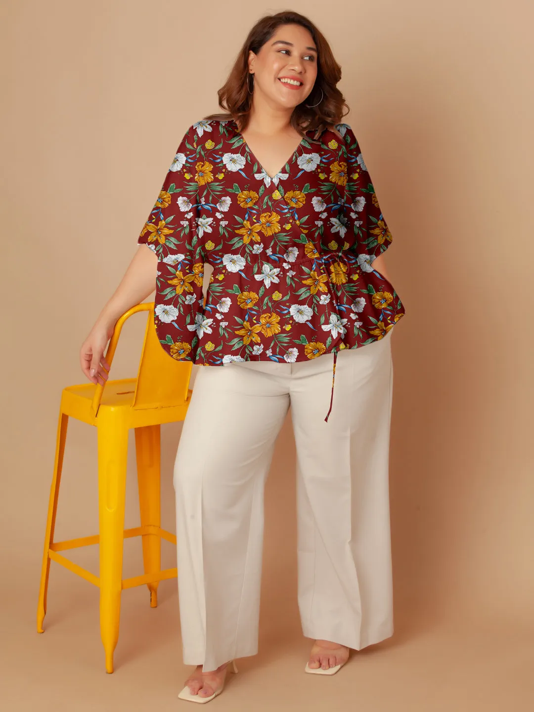 Red Floral Print Peplum Top