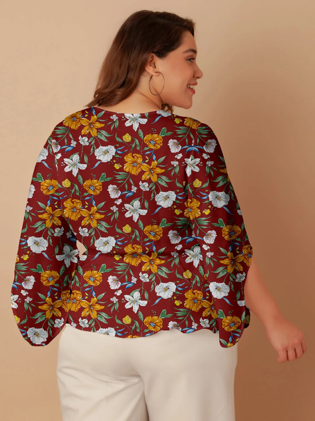 Red Floral Print Peplum Top