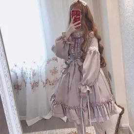 Ruffled Puff Sleeve Bowtie  Dress Kawaii Academia Y2K Cottagecore Coquette Fairycore Dollette Princesscore