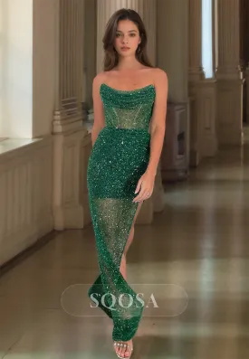 Scoop-Neck Off-Shoulder Sleeveless Formal Gowns Pleated Sequined High Slit Mermaid Prom Dress