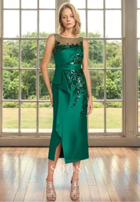 Scoop-Neck Sleeveless Applique Cocktail Gowns Straps Pleated Midi Mermaid Mother of the Bride Dress