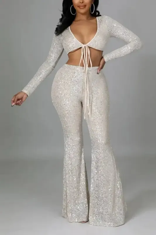 Sequin Tie Wrap Crop Top Flared Pant Set