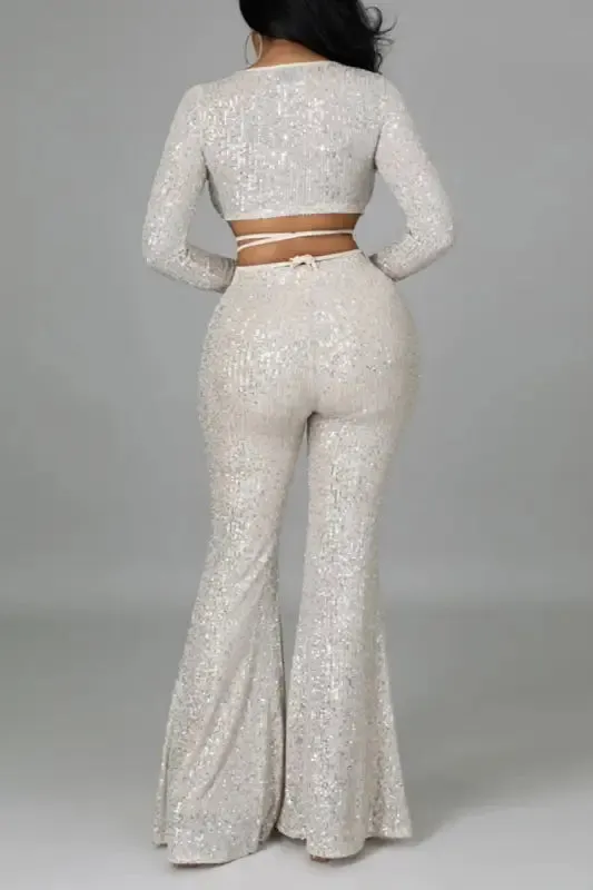 Sequin Tie Wrap Crop Top Flared Pant Set