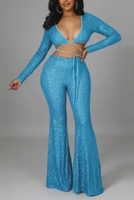 Sequin Tie Wrap Crop Top Flared Pant Set