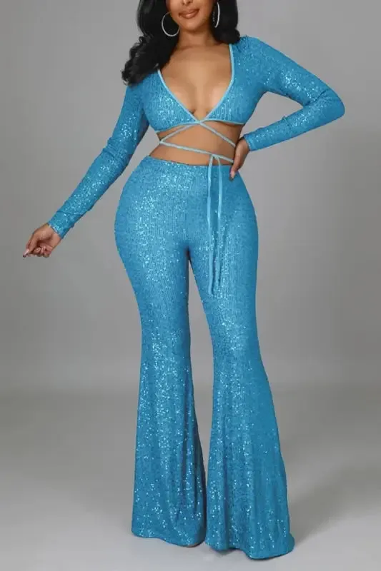 Sequin Tie Wrap Crop Top Flared Pant Set