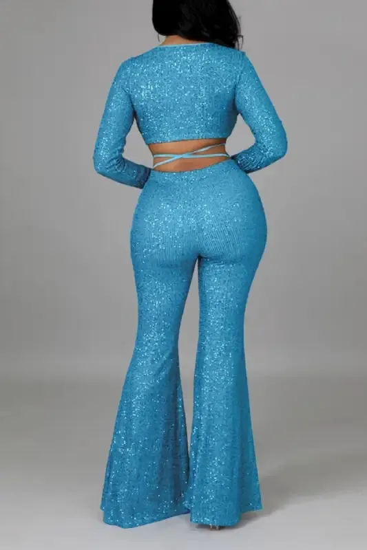 Sequin Tie Wrap Crop Top Flared Pant Set