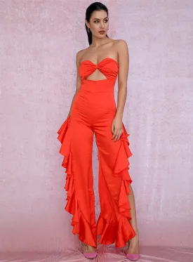 Sexy Orange Cut Out Tube Top & Side Slit Ruffled Jumpsuit For Ladies
