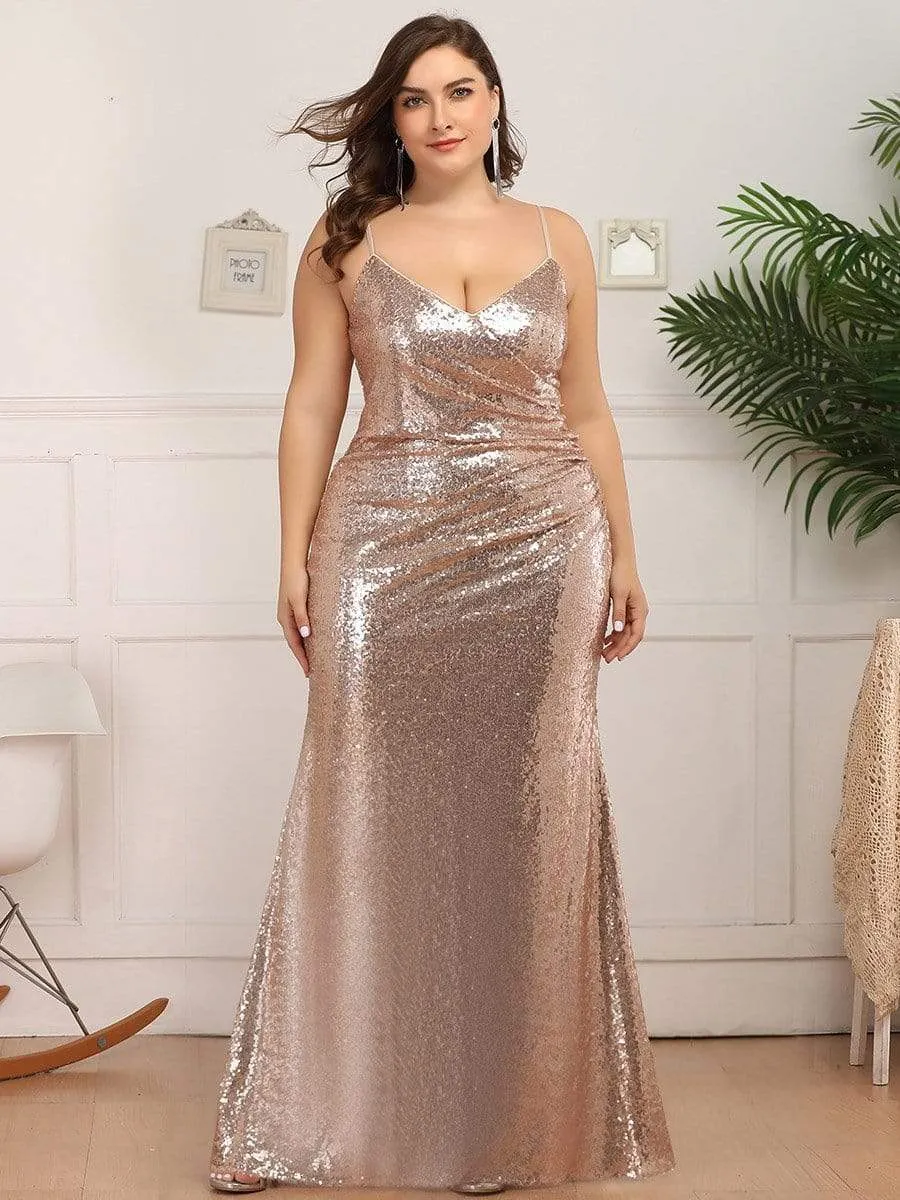 Sexy Spaghetti Straps Plus Size Sequin Evening Gowns for Women