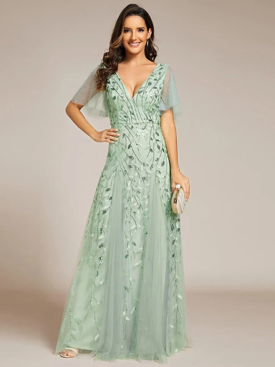Shimmery V Neck Ruffle Sleeves Sequin Maxi Long Evening Dress