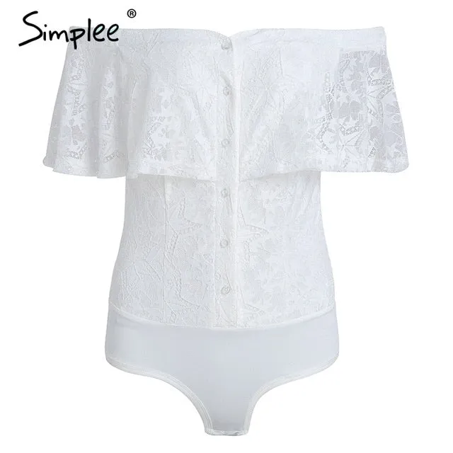 Simplee Sexy off shoulder overlay lace bodysuit women