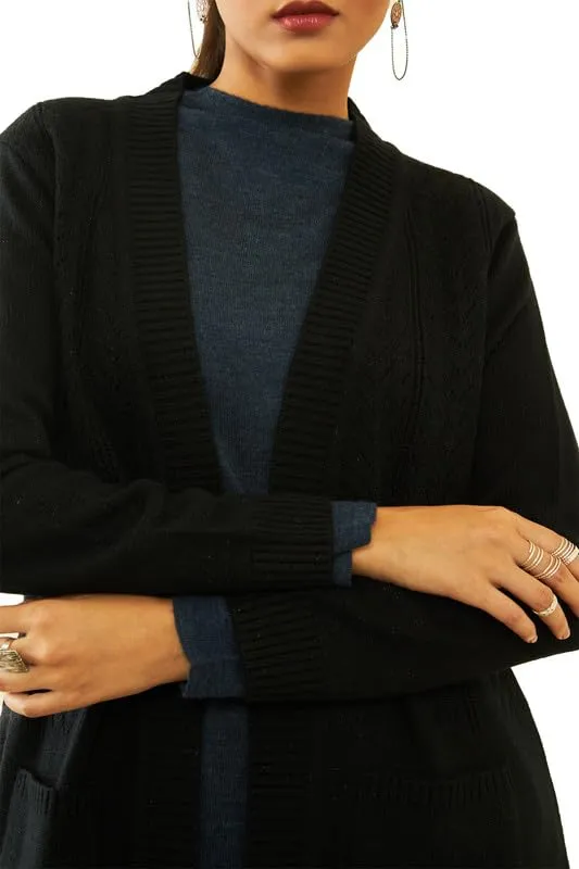 Soch Womens Black Acrylic Knitted Open-Front Longline Shrug with Pockets