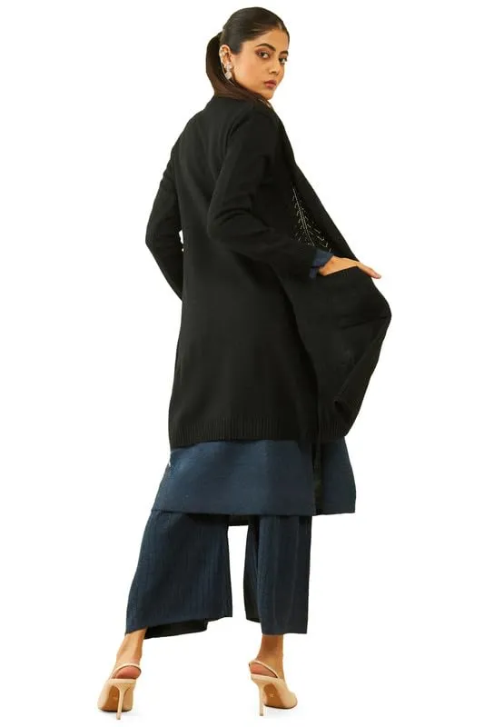 Soch Womens Black Acrylic Knitted Open-Front Longline Shrug with Pockets