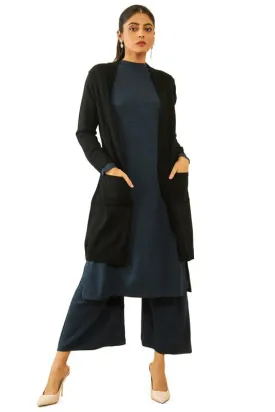 Soch Womens Black Acrylic Knitted Open-Front Longline Shrug with Pockets