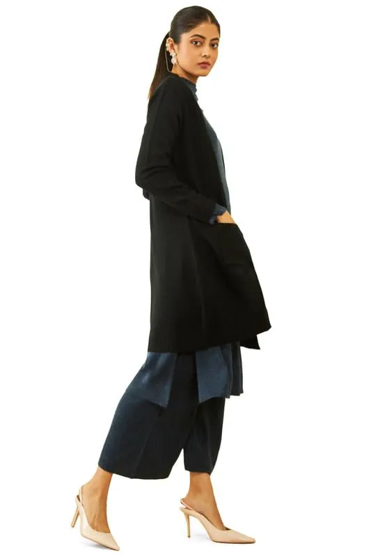 Soch Womens Black Acrylic Knitted Open-Front Longline Shrug with Pockets