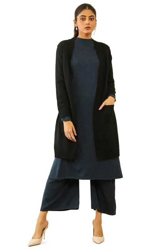 Soch Womens Black Acrylic Knitted Open-Front Longline Shrug with Pockets