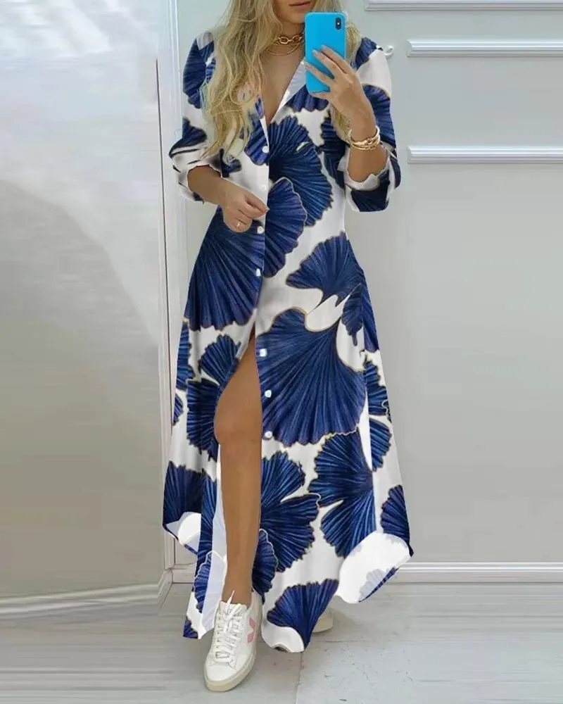 Striped Maxi Cotton Dress with Button Detail and Loose Sleeves