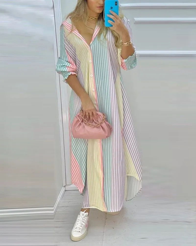 Striped Maxi Cotton Dress with Button Detail and Loose Sleeves