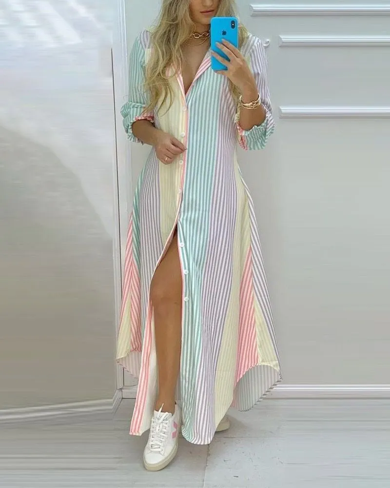 Striped Maxi Cotton Dress with Button Detail and Loose Sleeves