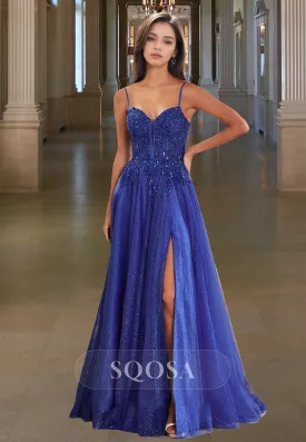 Sweetheart Spaghetti Straps Sleeveless Party Gowns Applique Glitter-Knit High Slit A-Line Prom Dress