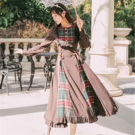 Tartan Ruffle Peek-A-Boo Brown Button Long Sleeve Dress Kawaii Academia Y2K Cottagecore Coquette Fairycore Dollette Princesscore