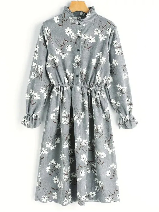 TastyHottie - Cute Floral Print Corduroy Dress