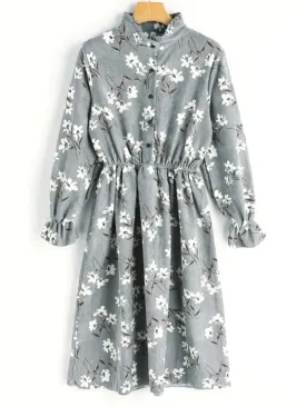 TastyHottie - Cute Floral Print Corduroy Dress