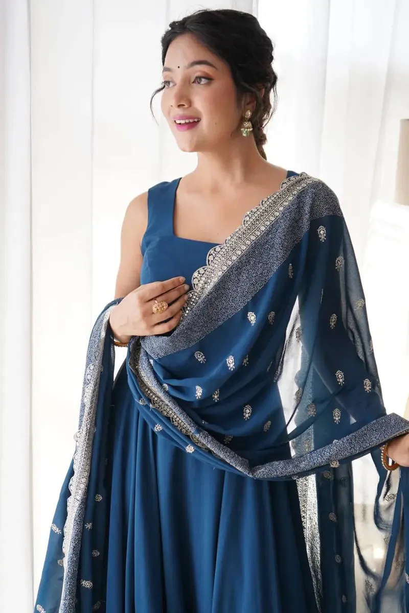Teal Color Sleeveless Gown For Raksha Bandhan