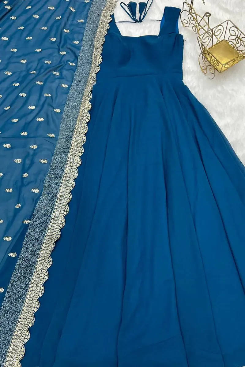 Teal Color Sleeveless Gown For Raksha Bandhan