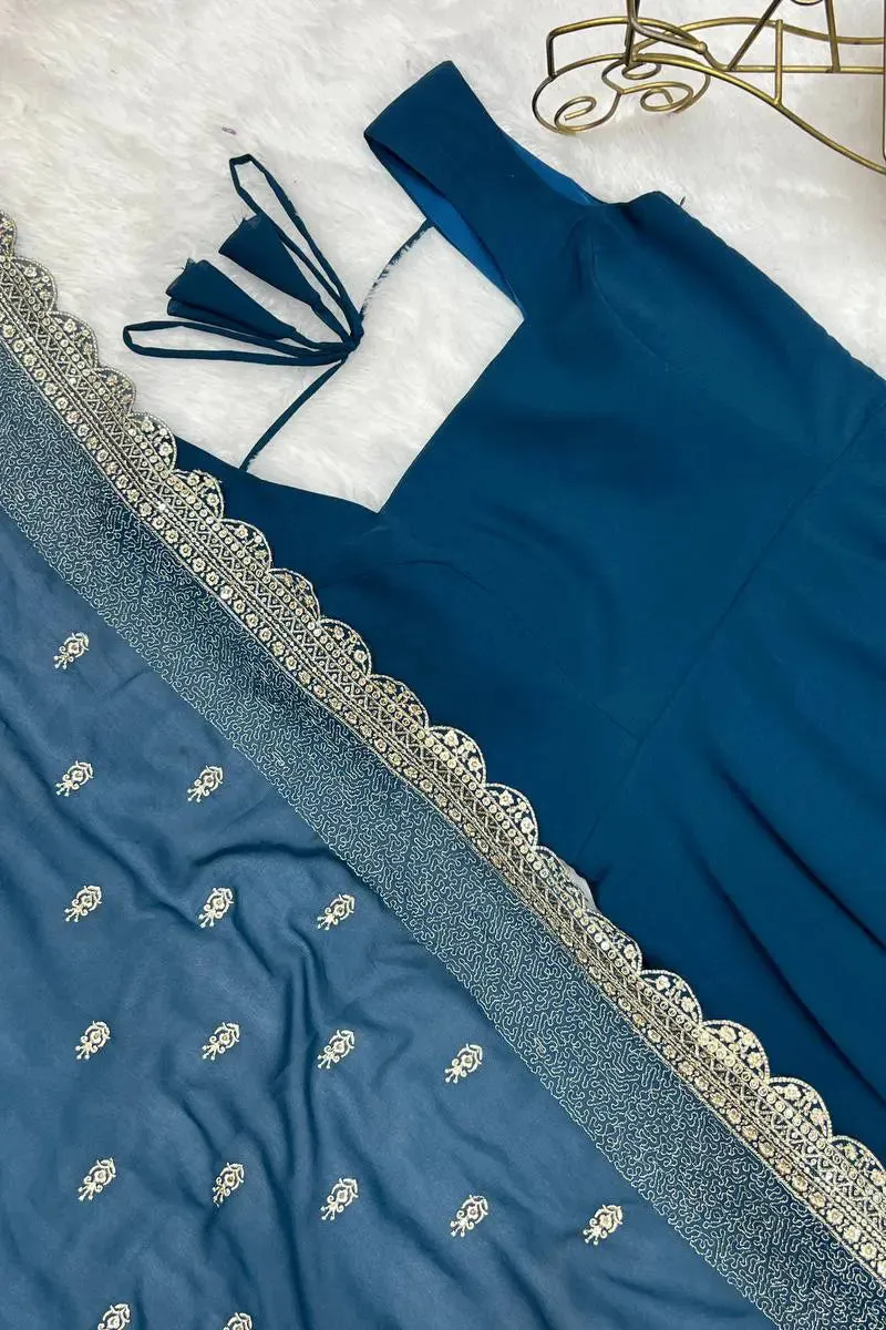 Teal Color Sleeveless Gown For Raksha Bandhan